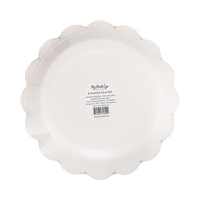 Back view of the white paper plate showing the manufacturer barcode, SKU, and product details.