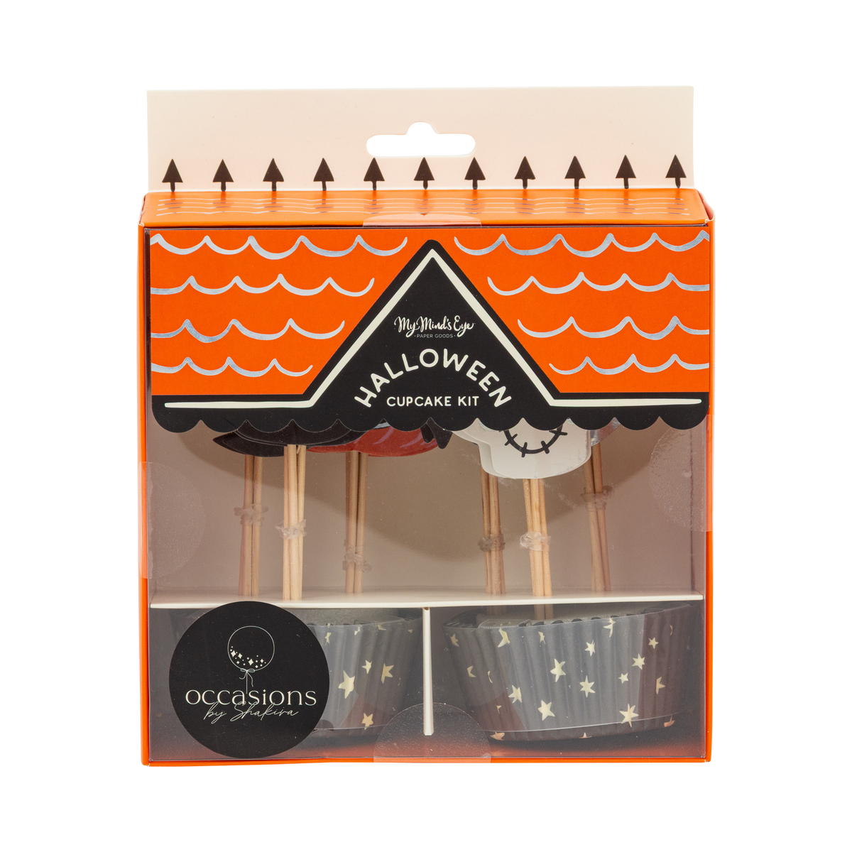 Front packaging of My Mind's Eye Spooky Friends Cupcake kit inside an orange house-shaped window box.