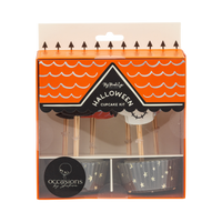 Front packaging of My Mind's Eye Spooky Friends Cupcake kit inside an orange house-shaped window box.