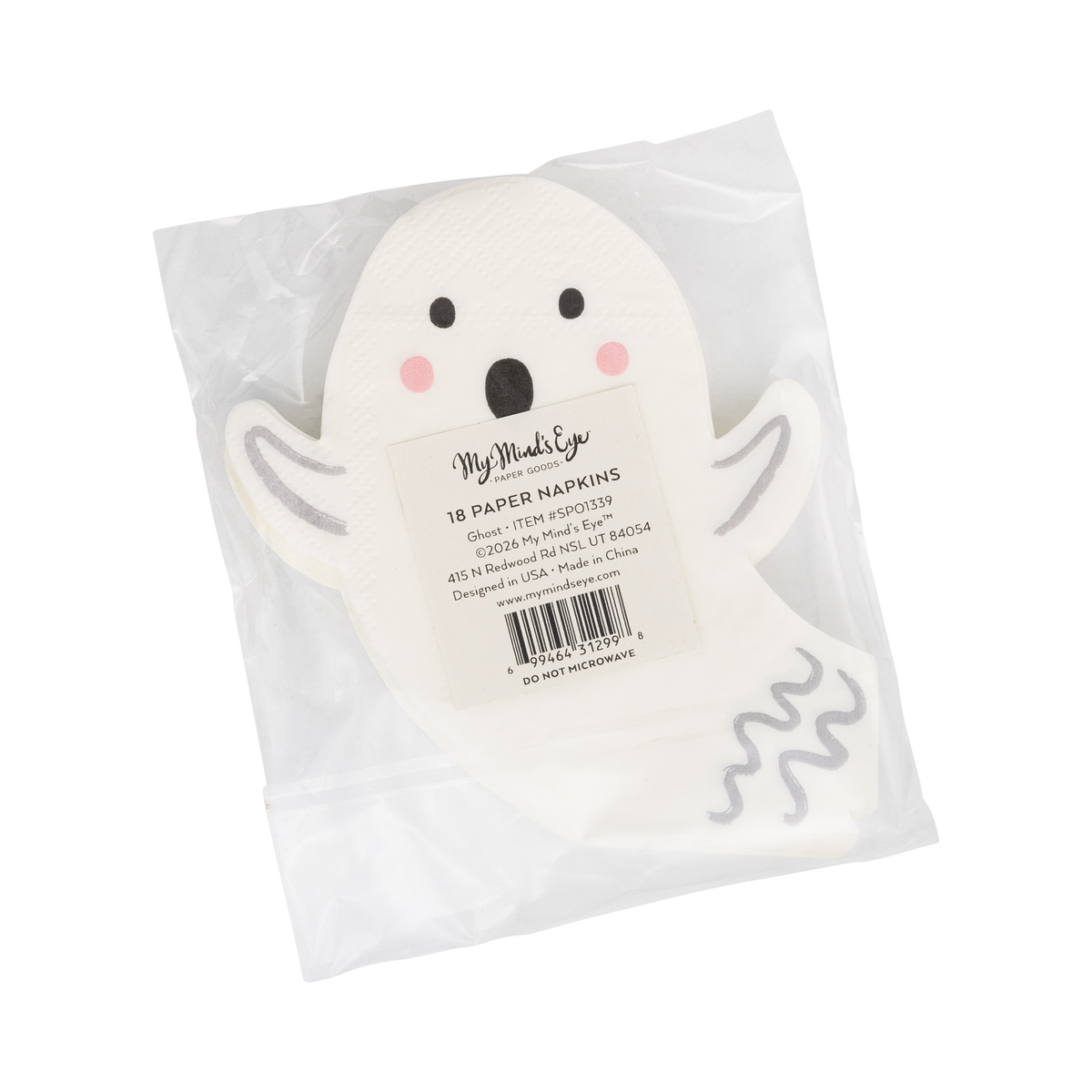 Back packaging view of the shaped ghost napkin inside clear cellophane, displaying the printed barcode and product information label.