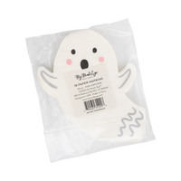 Back packaging view of the shaped ghost napkin inside clear cellophane, displaying the printed barcode and product information label.