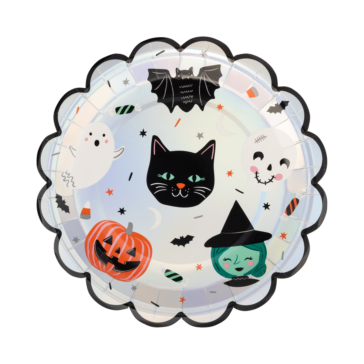 Top-down view of a 9 inch round paper plate featuring vintage Halloween characters and a silver foil scalloped edge on a pastel background.