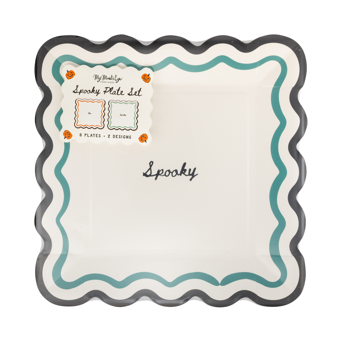 Spooky Halloween paper plate with teal wavy border and black scalloped edge shown in original 2-design packaging.