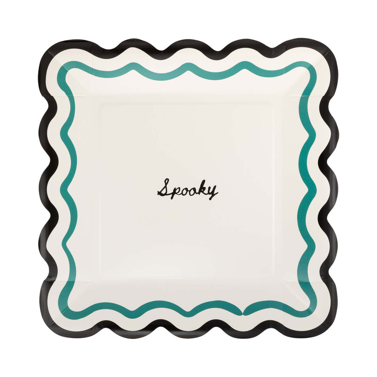 Spooky Halloween paper plate with teal wavy border and black scalloped edge, 9 inch square size.