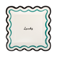 Spooky Halloween paper plate with teal wavy border and black scalloped edge, 9 inch square size.
