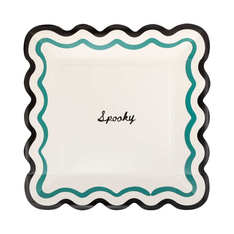 Spooky Halloween paper plate with teal wavy border and black scalloped edge, 9 inch square size.