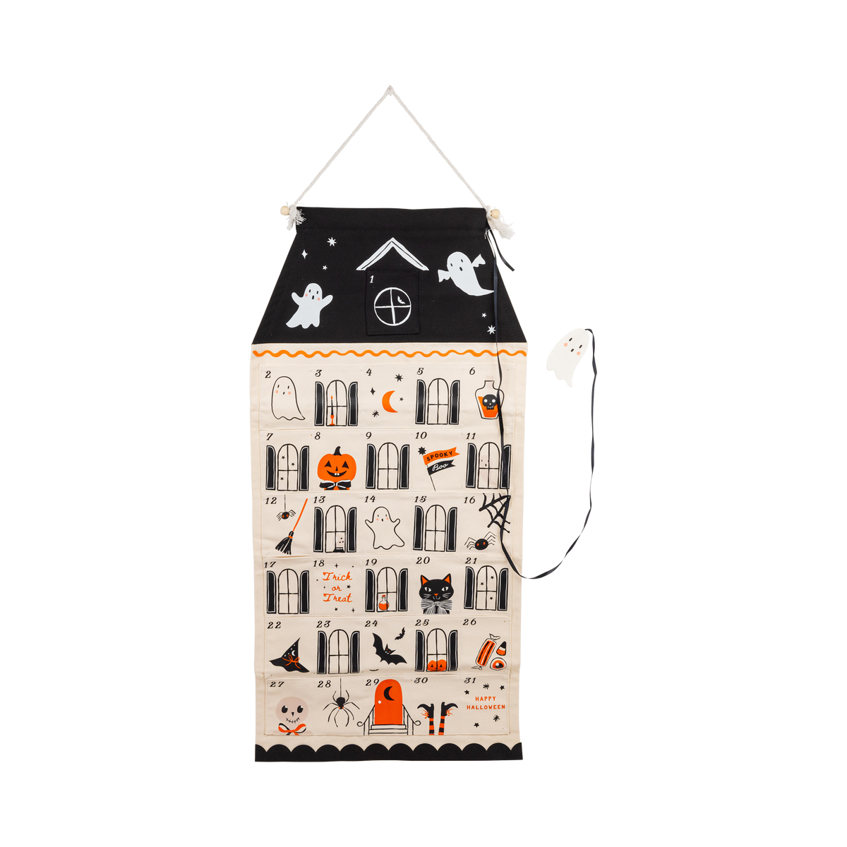 Spooky House Halloween countdown calendar in black and cream canvas with 31 numbered pockets and a felt ghost marker on a black ribbon