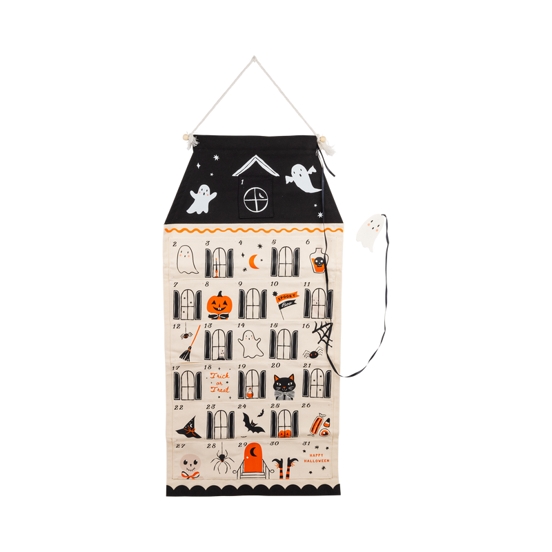 Spooky House Halloween countdown calendar in black and cream canvas with 31 numbered pockets and a felt ghost marker on a black ribbon