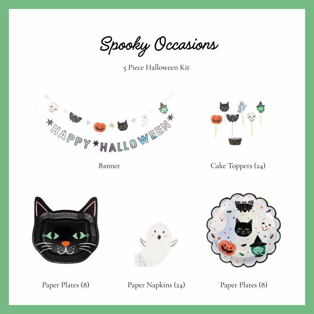 Spooky Occasions kids Halloween party kit contents, holographic Happy Halloween banner, character cupcake toppers, black cat plates, ghost napkins and Spooky Friends scalloped plates