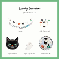Spooky Occasions kids Halloween party kit contents, holographic Happy Halloween banner, character cupcake toppers, black cat plates, ghost napkins and Spooky Friends scalloped plates
