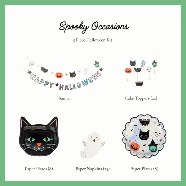 Spooky Occasions kids Halloween party kit contents, holographic Happy Halloween banner, character cupcake toppers, black cat plates, ghost napkins and Spooky Friends scalloped plates
