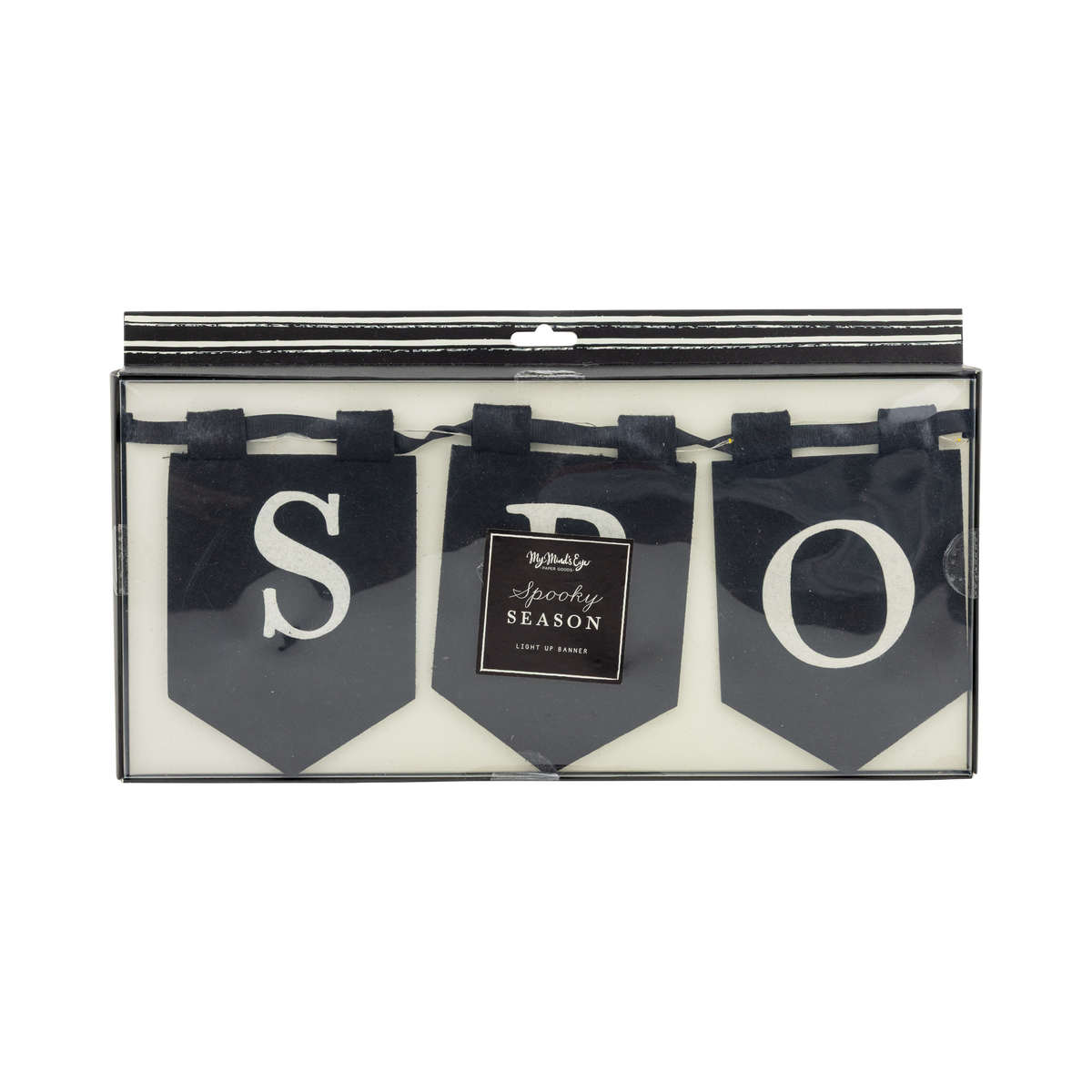 Decorative multi-layered cream-on-black felt letters banner and fairy light loops with 'Spooky Season' text in a clear packaging.