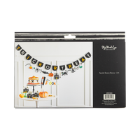 Back of retail packaging for the character paper banner. Black box with white brushstroke stripe detail at top. Left side shows a styled photo of the banner hung above a dessert table alongside the Trick or Treat felt banner and the die-cut character garland. Right side reads "My Mind's Eye Paper Goods" logo, "Spooky Season Banner · 6 ft," SKU SPS1303, barcode, "Designed in USA · Made in China · ©2026 My Mind's Eye."