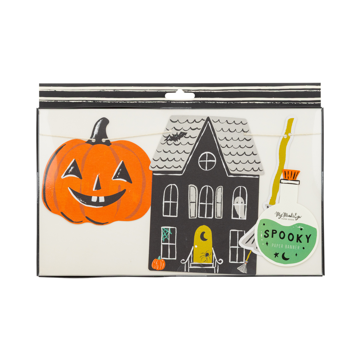 Front of retail packaging showing three visible die-cut pieces inside a windowed box: a large orange jack-o-lantern with a friendly carved face, a black haunted house with gray scalloped roof and yellow-lit doorway (ghost visible in an upper window, spider on rooftop), and a green potion bottle with a broom handle protruding from the top. Small pumpkin sticker label reads "SPOOKY Paper Banner."