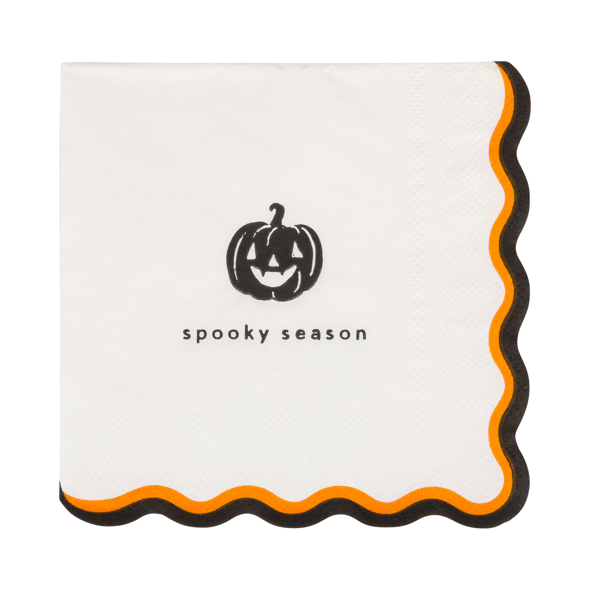 Halloween paper cocktail napkin featuring a smiling jack-o'-lantern and "Spooky Season" design with black and orange wavy edge.