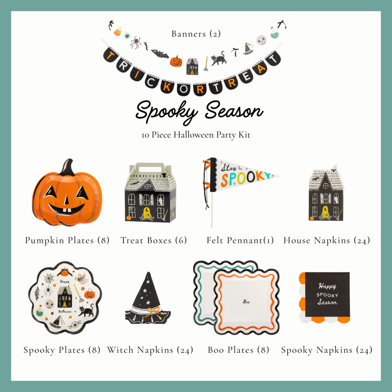 Spooky Season Halloween party kit contents, jack-o-lantern plates, spooky icon and Boo scalloped plates, haunted house and witch hat napkins, treat boxes, felt pennant and two banners