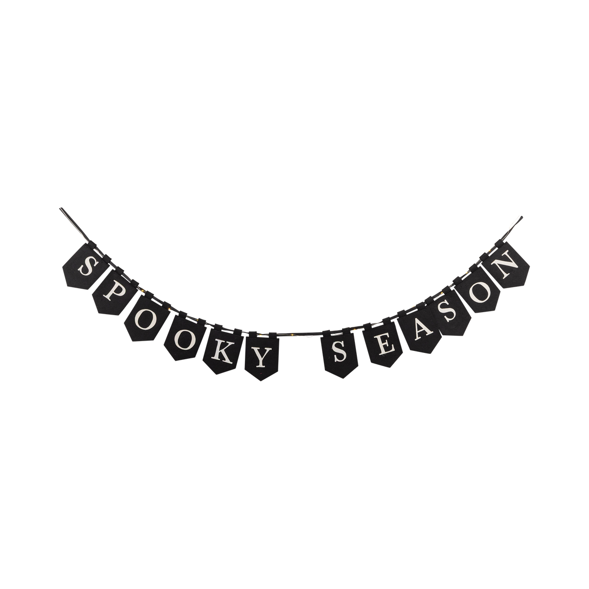 "SPOOKY SEASON" lighted felt banner with fairy lights glowing, front view.