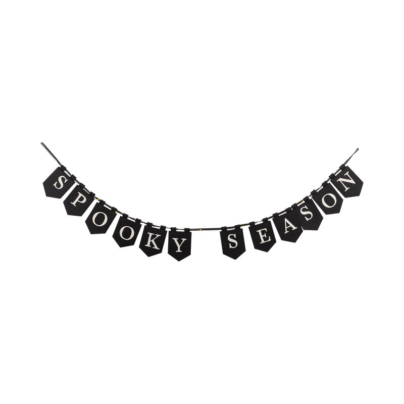 "SPOOKY SEASON" lighted felt banner with fairy lights glowing, front view.