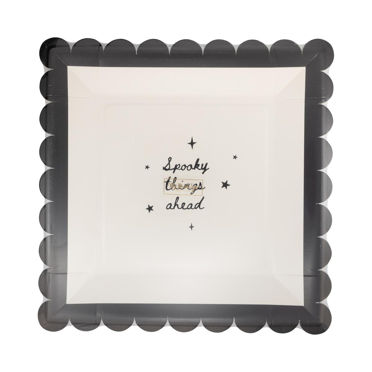 Front view of a stack of 8 Booquette Spooky Things dinner plates in a packaging. 