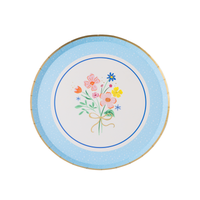 Spring bouquet floral dessert plate with pastel flowers and gold foil rim