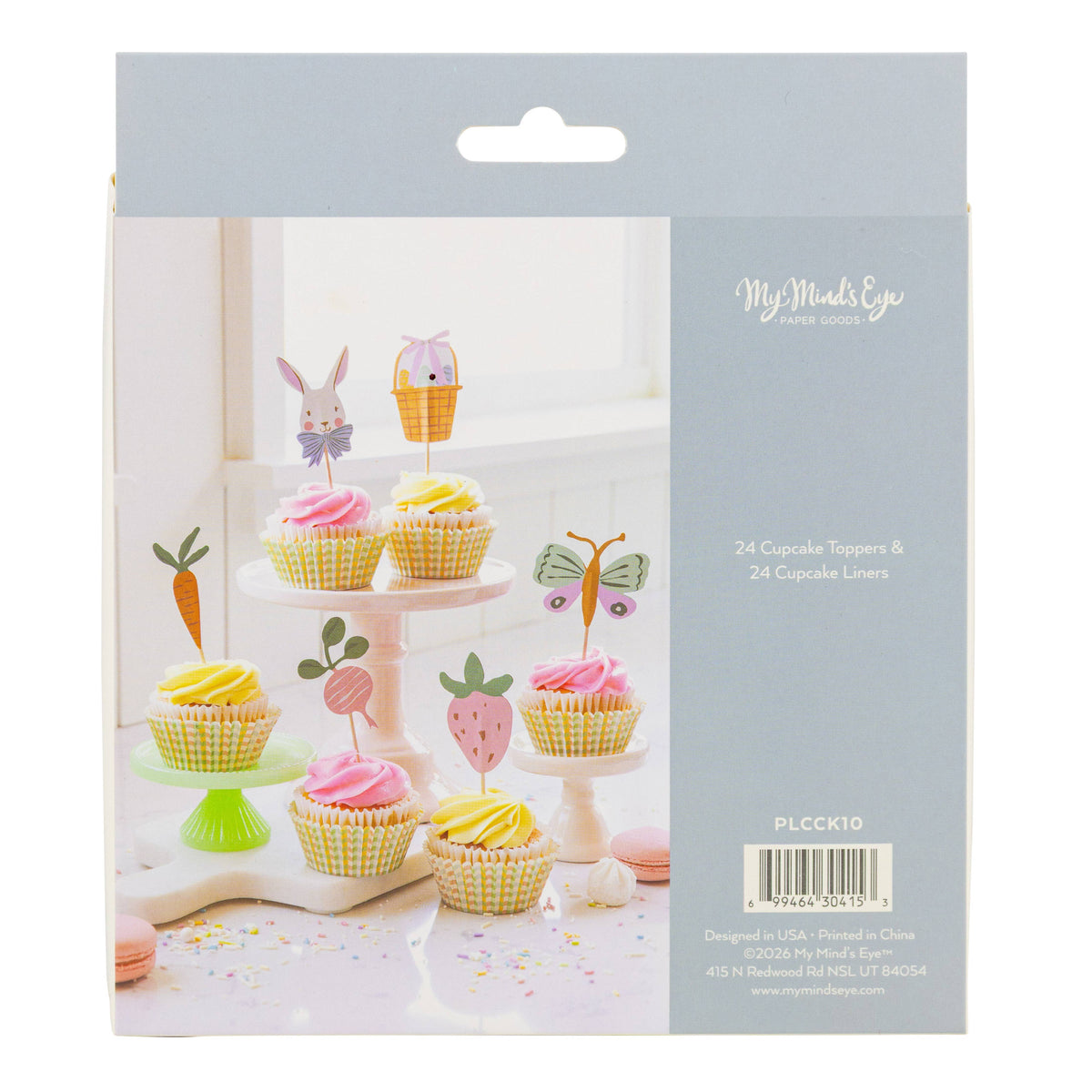 The back of the Easter cupcake kit packaging showing a lifestyle photo of decorated cupcakes and product details for 24 toppers and liners.
