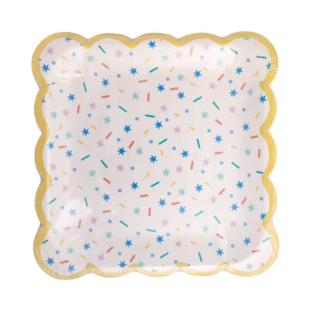 Sprinkles party plate showing colorful confetti pattern and scalloped gold trim detail in packaging.