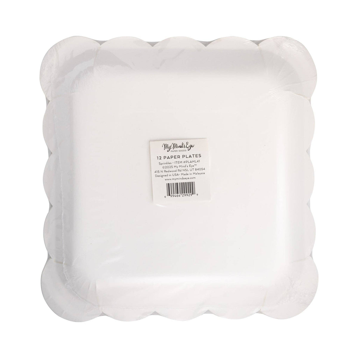 Back view of scalloped sprinkles party plate packaging and shape.