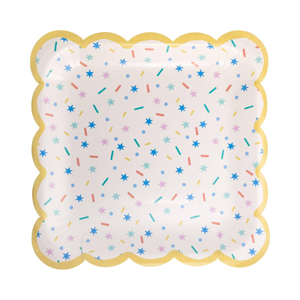 Scalloped square party plate with pastel sprinkles pattern and gold border.