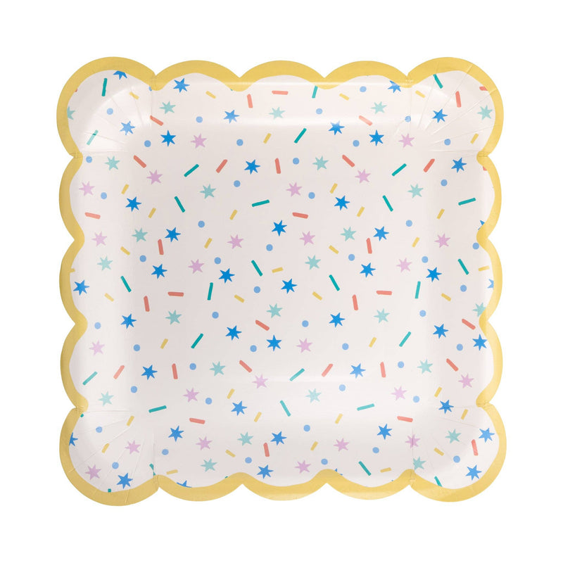 Scalloped square party plate with pastel sprinkles pattern and gold border.