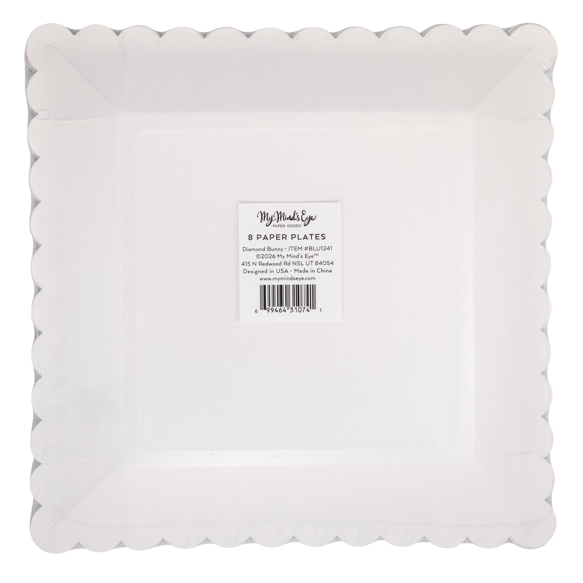 Back of square paper plate showing structure and packaging label