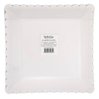 Back of square paper plate showing structure and packaging label