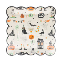 Front view of 10-inch square Halloween plate with ghosts, pumpkins and black cat graphics.