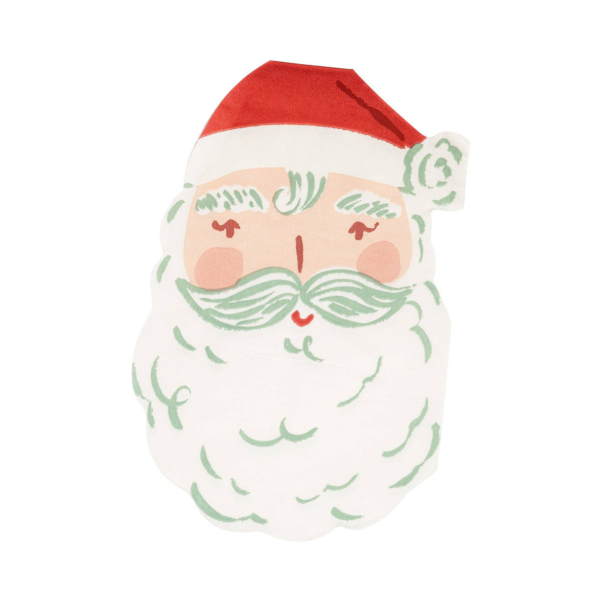 Santa-shaped dinner napkin with red hat, rosy cheeks, and white beard