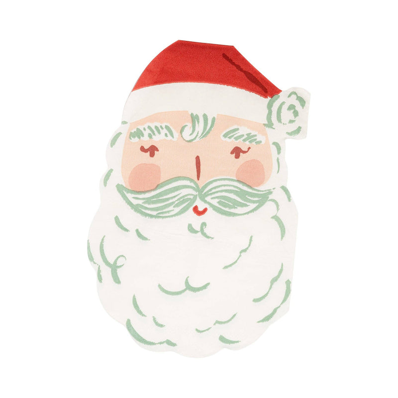 Santa-shaped dinner napkin with red hat, rosy cheeks, and white beard
