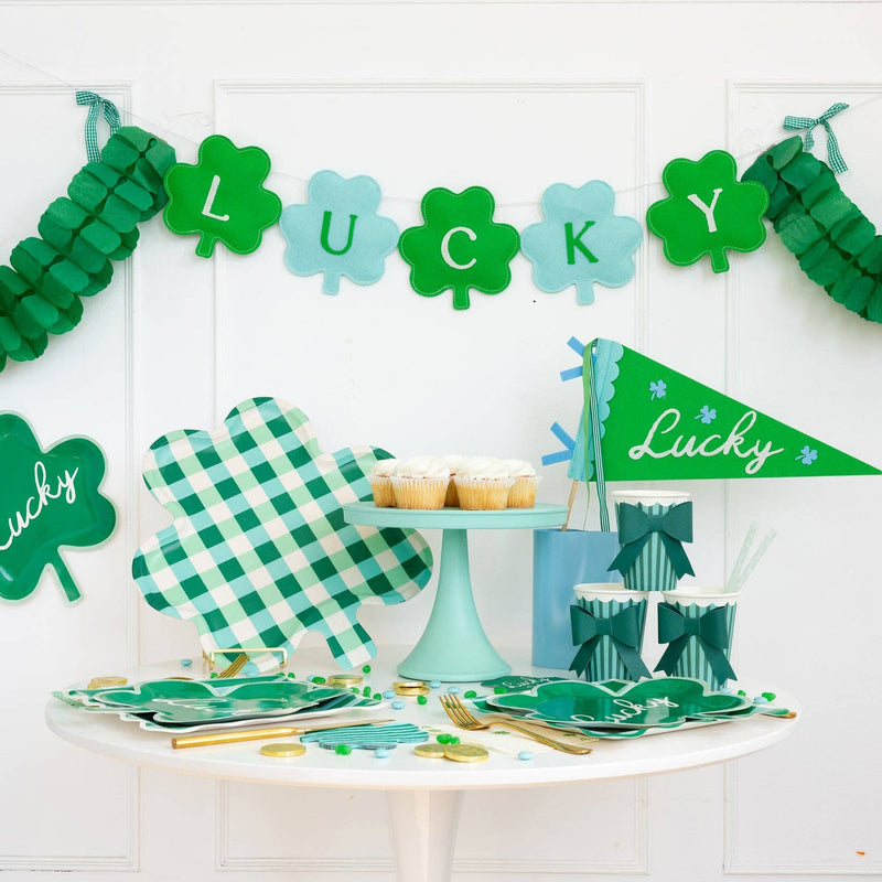 Gingham shamrock bamboo tray styled on St Patrick’s Day party table