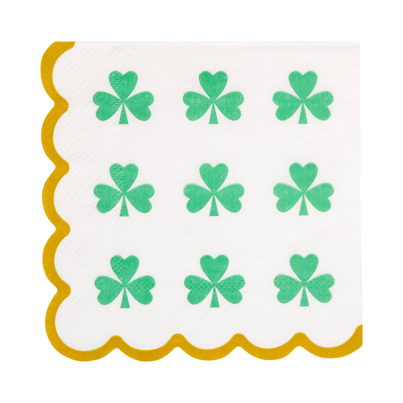 St Patrick’s Day cocktail napkin featuring green shamrocks and gold foil trim