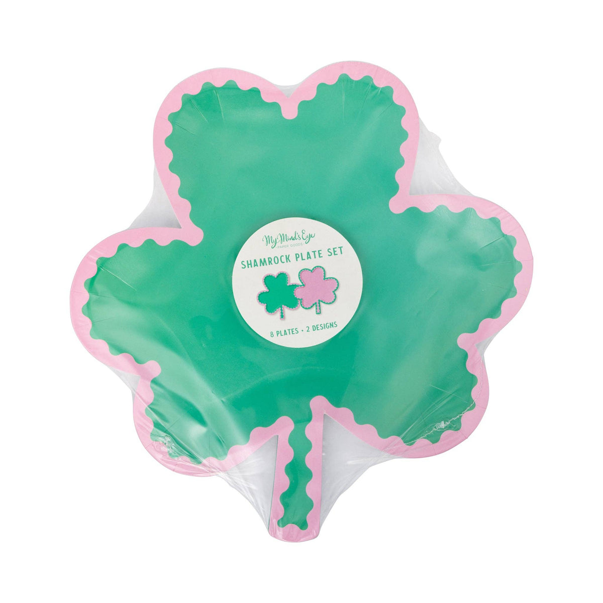 Shamrock paper plates with pink and green design in packaging
