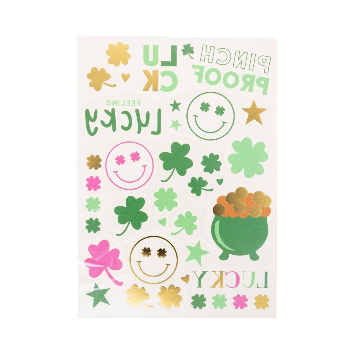 St. Patrick’s Day temporary tattoo sheet with shamrocks and lucky icons