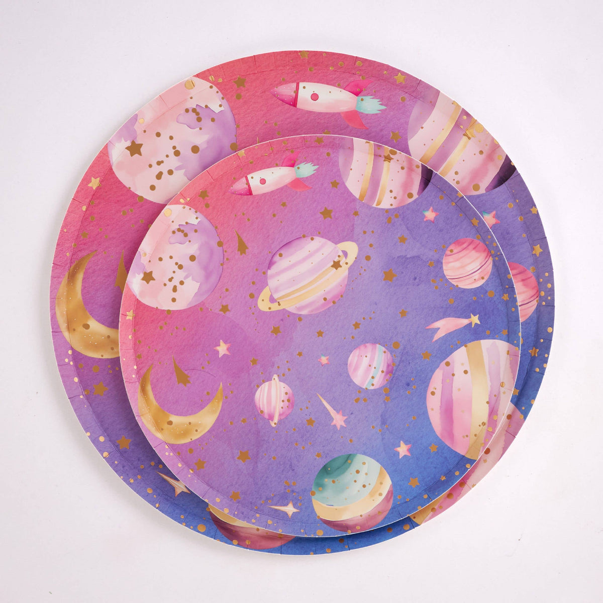stack of astronaut girl galaxy paper plates