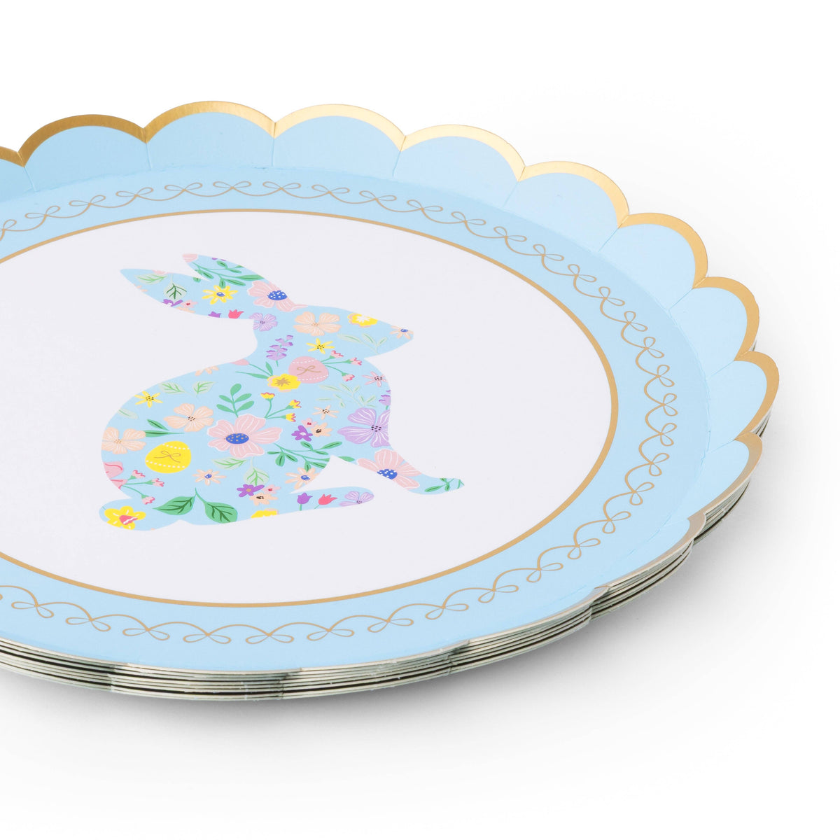 Stack of Easter Bunny floral dessert plates showing gold foil scalloped rim