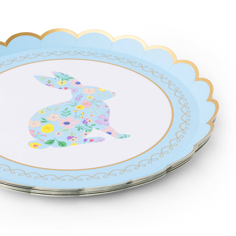 Stack of Easter Bunny floral dessert plates showing gold foil scalloped rim