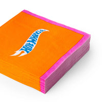 Stacked set of hot wheels cocktail napkins showing the thick stack and the contrasting pink edge.