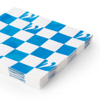 Stacked set of hot wheels paper napkins showing the thickness and the blue and white checkered pattern.