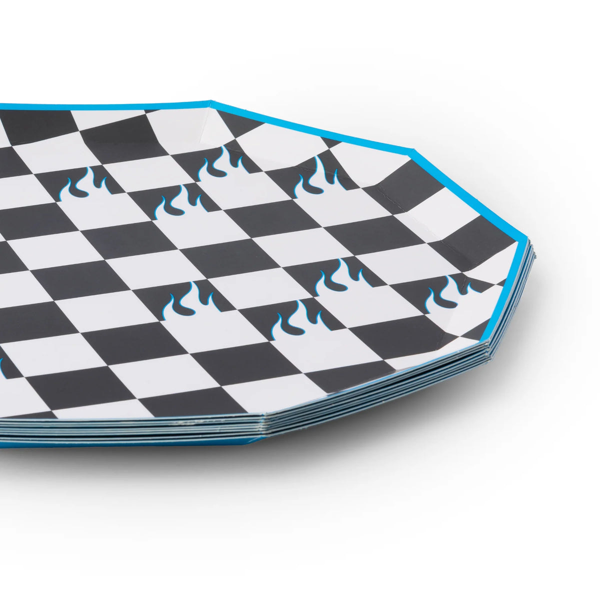 Stacked set of large hot wheels paper plates showing the octagonal shape and blue trim.