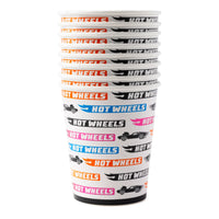 Stacked set of hot wheels party cups showing the repeating pattern on the side.