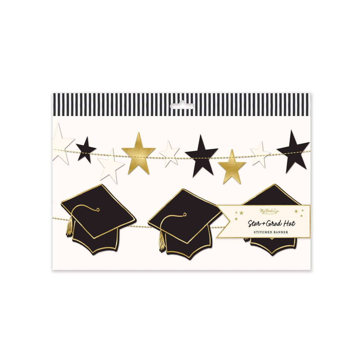 Packaging for a 2-piece graduation banner set featuring gold foil stars and black graduation caps.