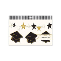 Packaging for a 2-piece graduation banner set featuring gold foil stars and black graduation caps.