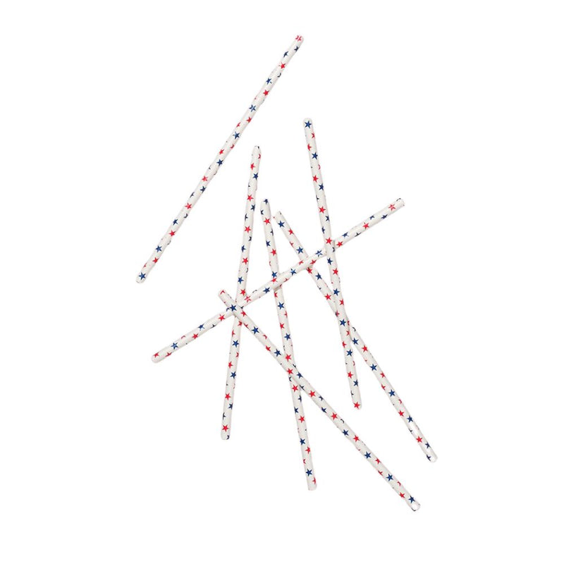 Paper straws with red and blue star pattern on white background
