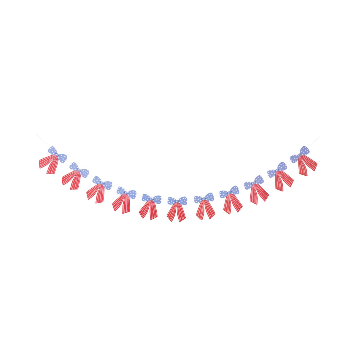 Flat lay of full stars and stripes bow banner on white background showing all eleven paper bows strung on cream twine