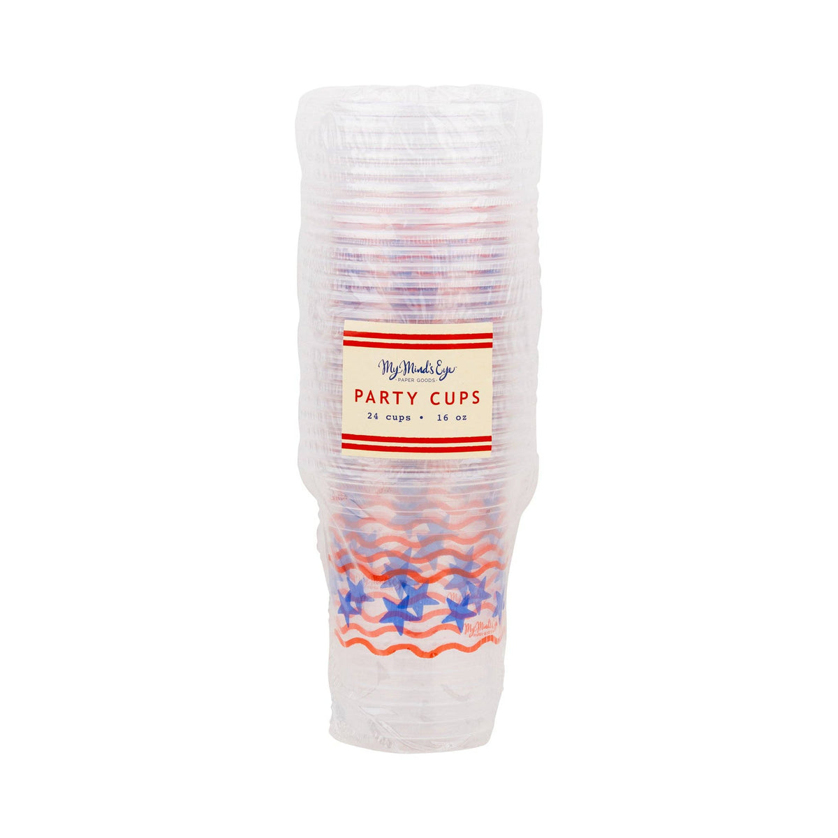 Front of packaging for stars and stripes party cups by My Mind's Eye showing 24 cups and 16 oz on label